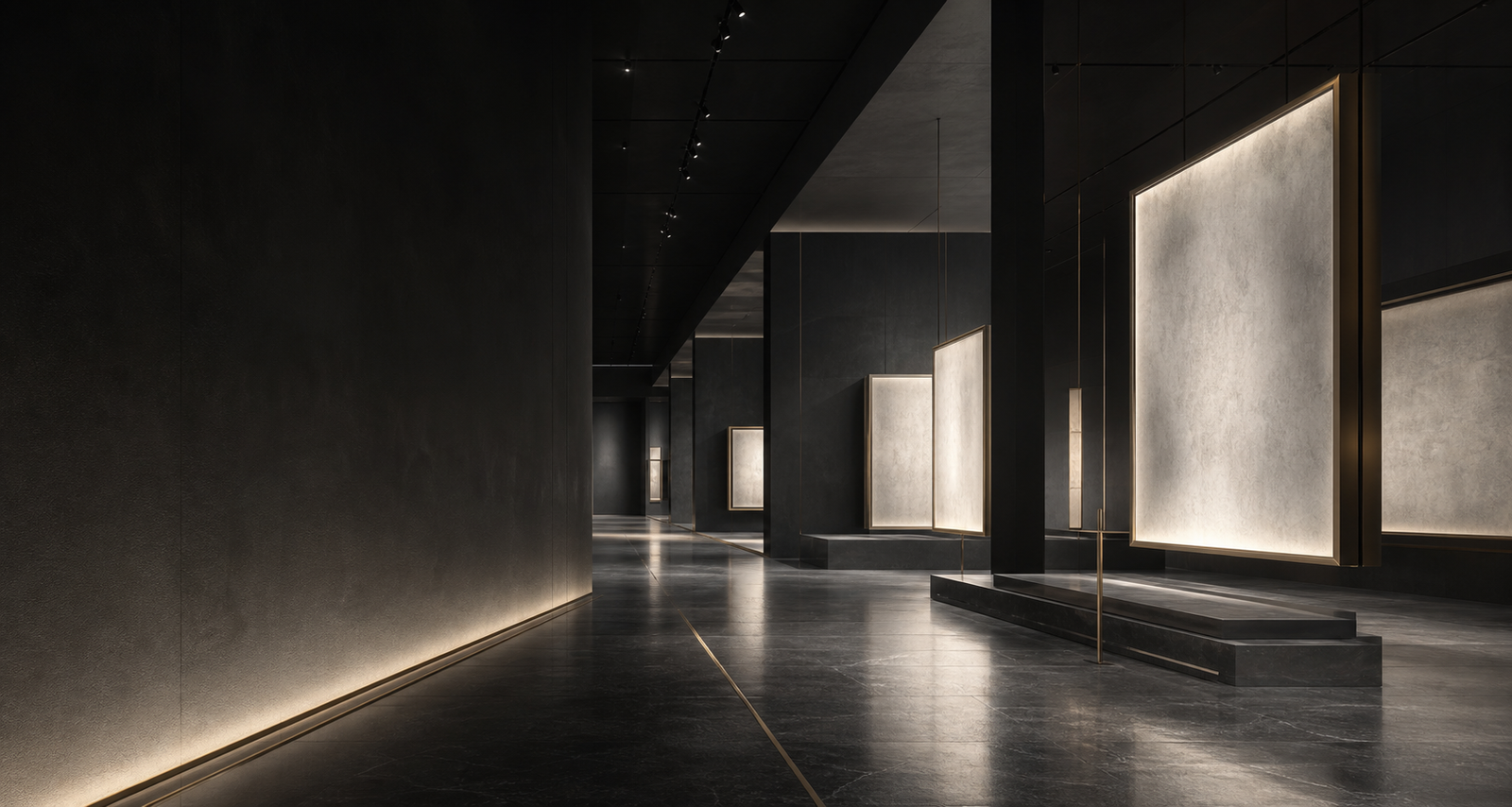 Interior de galeria contemporanea con obras iluminadas en una sala clara.